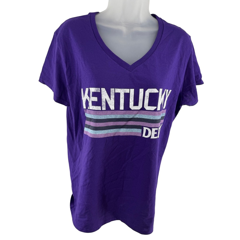 Kentucky Derby Purple V-Neck‎ T-Shirt Women's Large Short Sleeve Graphic Tee